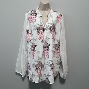 Floral Loose Fitting Blouse w/Sheer Sleeves Size XL